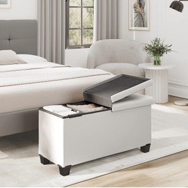 Storage Ottoman Bench with Storage Bins, 30-In Storage Bench for Bedroom End of Bed, Folding Foot Rest Ottoman with Storage for Living Room, Storage Chest Max 660lbs, Faux Leather Ottoman, White
