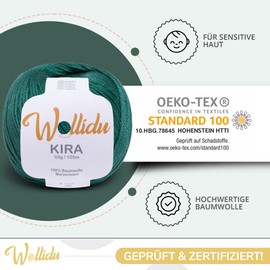 Wollidu Kira 100% Cotton for Knitting and Crocheting 10 x 50 g Set Crochet Yarn Knitting Yarn Dark Green