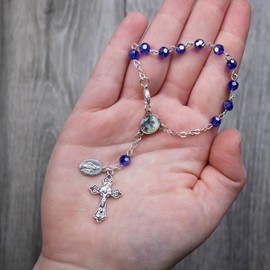 Needzo St. Michael Blue Auto Rosary, Patron Saint Faceted Glass Prayer Beads for Car, Religious Gifts for Policemen and Service Workers, 5 ¾ Inches