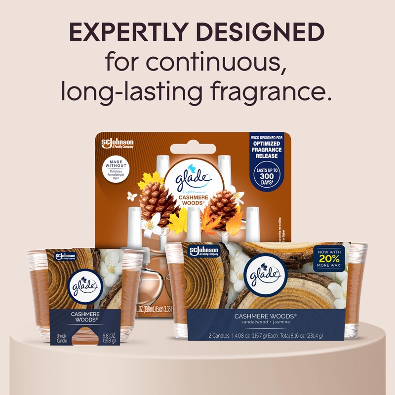 Glade Cashmere Woods, Fragrance Candle Infused with Essential Oils, Air