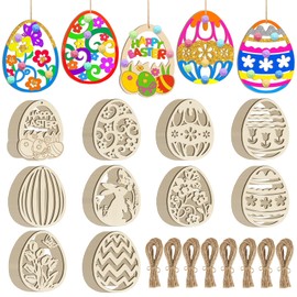80PCS Wooden Easter Ornaments to Paint, 10 Styles DIY Blank Unfinished Wood Egg Cutouts Ornament for Crafts Hanging Decorations Happy Easter Hallow Egg Rabbit Bunny Butterfly Flower Hen