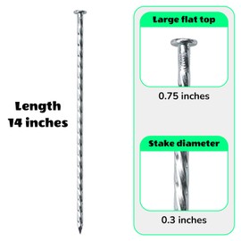 Extra-Long 14 Inch Galvanized Heavy-Duty Landscape Stakes - Landscape Edging Anchoring Spikes, Ground Anchors for Paver Edging - Spiral Solid Metal Spikes for Weed Barrier, Tent, Artificial Turf (10)