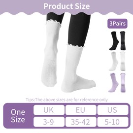 OnrySxn Pilates Socks, 3Pairs Size 3-6 Non Slip Yoga Socks Ladies Ruffle Mid-Calf Grip Socks Breathable Grippy Cotton Sock for Ballet Workout Fitness Dance Gym(Black, White, Purple)