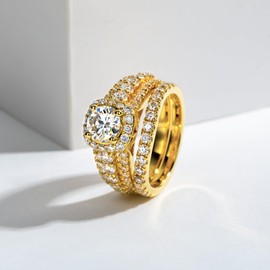 Idocare All Moissanite Wedding Rings Bridal Set for Women Main Stone 1ct D Color 14K Yellow Gold Plated 925 Sterling Silver size 6