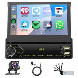 1 DIN CarPlay Car Stereo Flip Out 7-Inch Retractable Touch Screen Android Auto, Upriding Single Din Bluetooth Radio with FM EQ Mirror Link USB-C SWC +Backup Cam