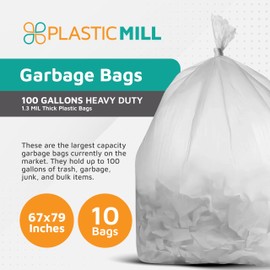 PlasticMill Heavy Duty Trash Bags - Clear Garbage Bags - Plastic Trash Bags for Large Rolling Trash Bins - Tall Trash Bags - 100-Gallon Large Kitchen Trash Bags, 1.3 Mil, 67"x79" (10-Count)