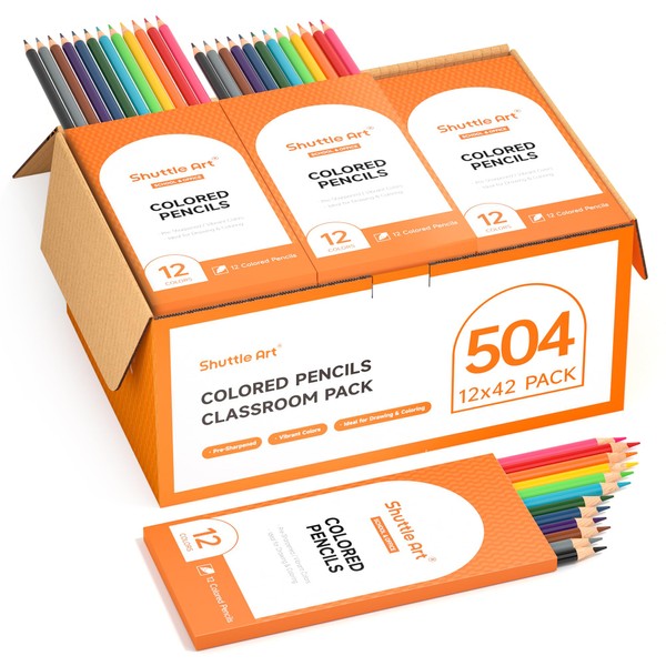Shuttle Art 504 Colored Pencils Bulk, 12 Vibrant Colors, Pack of 42, Pre-sharpened Coloring Pencils, Wood Colored Pencils for Kids Teachers, Classroom Essentials, Back to School Supplies