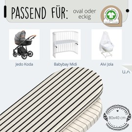 mimaDu - Set of 2 Fitted Sheets GOTS Made of Organic Cotton 80 x 40 cm Also for 78 x 36, 80 x 35 - Fitted Sheets for Prams, Bassinets, Moses Basket, Cradles - Baby Bed Sheet for Pram Mattress (Boho)