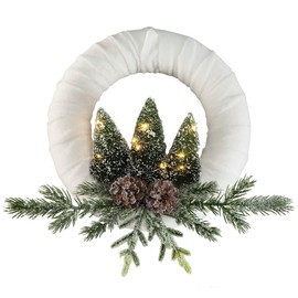 Vintage Lighted Chenille Wreath - LED Fairy Lights - Sisal Evergreen Trees - Frosted Pinecones - Timer Functionality - Easy Installation - 12" Diameter - Winter Decor by Holiday PeakTM
