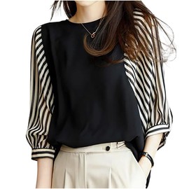 Tunacci Women's Cut and Sewn Top, 3/4 Sleeve, See-Through, Long Sleeve, Chiffon, Casual, Spring, Autumn, black striped