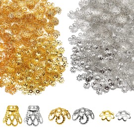 TOAOB 560 pcs Spacer Beads Filigree Bead Caps 6 Styles Silver Tone and Gold Tone Hollow Flower Bead End Caps Spacers 6 mm 8 mm 10 mm for Jewellery Making