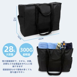 [KUKUPACK] 大容量プールバッグ、大人用防水ジッパービーチトートバッグ、折りたたみ式ブラック旅行温泉バッグ、ポケット付き男女兼用銭湯バッグ