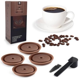 Reusable Coffee Capsule Lids for Original Nespresso Pods Vertuoline, Food Grade Silicone Caps for Any Sizes of Reusable Nespresso Refillable Capsule with Scoop and Brush (Brown)