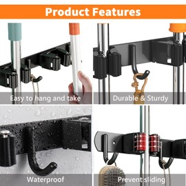 CUXIXA Mop and Broom Holder Wall Mount, Upgraded Broom Organizer Wall Mount, Stainless Steel Broom Hanger Wall Mount for Kitchen Garden Laundry Room Decor (3 Racks with 4 Hooks Black)