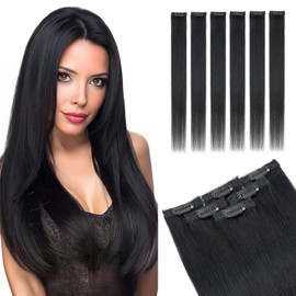 Elailite Hair Extensions Clip In Real Human Hair Remy Single Clip Black Double Weft 6 Pcs Seamless Highlights Hairpieces Straight - #01 Jet Black - 10 Inch 31g