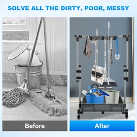 Broom and Mop Holder Freestanding Mobile Cleaning Tool Storage Rack,Floor Standing Cleaning Tool Cart Storage for Garden Garage Schools, Hospitals