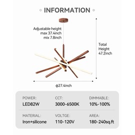 Modern Sputnik Chandelier Ceiling LED Black Pendant Light Embedded Mount Chandeliers Dining Room Light Fixtures Over Table Dimmable with Remote Control for Living Room Kitchen Bedroom (Wood Color)
