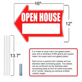 Open House Red Double-Sided Wide Arrow Yard Sign, 16" x 12" Inch, 24 Pcs 13.8" Stakes and 12 Stainless Steel Connectors – 2 Stakes Connect to 27.6" Tall Poles for Better Visibility(6)