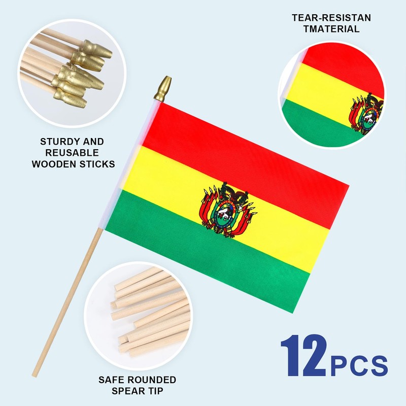 HSQCEZ 12Pcs Small Bolivia Flags on Wooden Stick Mini Bolivian