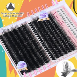 Fluffy Eyelash Clusters with Bottom Lashes Thick Lashes Extensions Volume Lash Clusters 80D+ 120D 276Pcs Individual Eyelash Extensions 14-25mm D Curl Eyelash Extensions DIY Lash Extension at Home