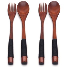 XMHF Wooden Spoons Forks Set Kitchen Tableware Dinnerware Flatware Natural Wood Cutlery Wooden Dinner Utensil Set, 2 Spoons and 2 Forks Black Tied Line