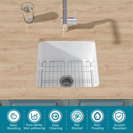 HOMLYLINK White Wet Bar Sink Drop In 18 x 18 Inch, 9" High Small Undermount Kitchen Sink,Single Bowl Fireclay Prep Sink, White Outdoor Kitchen Sink Dual Mount, for Kitchen,Island,Outdoor,Bar