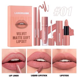 Langmanni Velvet Matte Soft Lipset - Waterproof Lipstick, Lip Liner & Lip Gloss - 3 Count Set for Easy Coloring Lip Care bsl lips - Color: 01