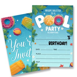 QZJ Pool Birthday Party Invitations Fill-In Set of 20 with Envelopes Watercolor Summer Swimming Pool Bash Invites Cards