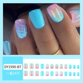 Blue Scale Press on Nails Short Square Fake Nails Summer Acrylic Full Cover Glossy Glue on Nails with Cute Designs Short Stick on Nails Artificial Nails for Women Girls Nail Art Decorations 24Pcs