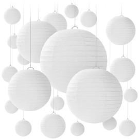Jangostor Pack of 20 White Paper Lanterns, Round Paper Lanterns, Hanging Paper Lanterns, 15 cm, 20 cm, 25 cm, 30 cm, Various Sizes, Lantern Lampshade for Wedding, Birthday, Celebrations, Garden