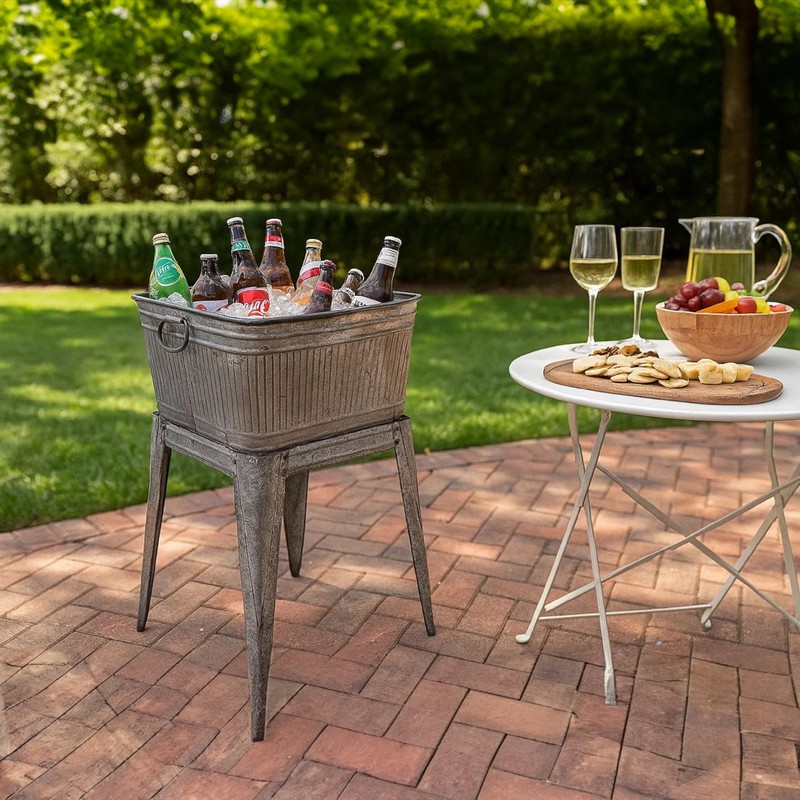 Benjara Multi Functional Galvanized Metal Tub on Stand, Gray