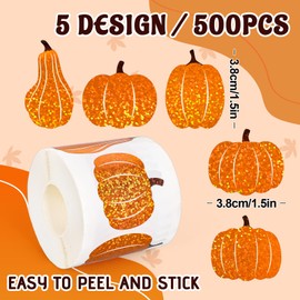 Whaline Fall Pumpkin Stickers Roll Laser Assorted Orange Pumpkin Seal Stickers Waterproof Self-Adhesive Decals for Envelope Scrapbook Autumn Thanksgiving Party Supplies, 500 Pcs