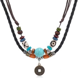 Boho Turquoise Beaded Necklace, Double Layer Leather Cord, Vintage Coin Pendant, Multi-Coloured