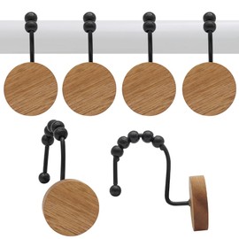 Wood Shower Curtain Hooks, Wooden Decorative Shower Curtain Rings, Modern Round Log Shower Curtain Hangers, 12PCS Shower Hooks for Shower Curtain Rod, Bathroom, Bedroom, Living Room (Black)