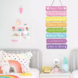 decalmile 8 pieces Unicorn Rainbow Motivational Wooden Signs Hanging Wall Plaque Colorful You Are Kind Strong Loved Positive Inspirational Wall Decor Sign for Teen Girl Baby Nursery Home Art Decor
