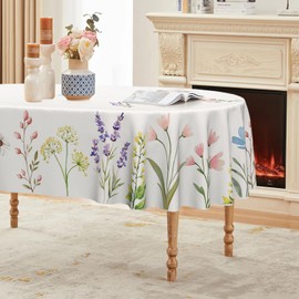 Horaldaily Spring Tablecloth 60×84 Inch Oval, Watercolor Wild Flowers Blooming Floral Washable Seasonal Table Cover for Party Picnic Dinner Decor