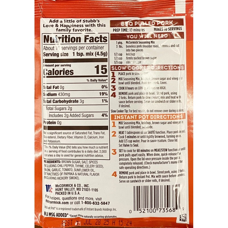 McCormick 10x McCormick Slow Cooker STUBB'S BBQ PULLED PORK Mix