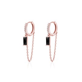 SLUYNZ 925 Sterling Silver Dangle Hoop Earrings for Women Minimalist Black CZ Hoop Earrings Tassel Chain (C-Rose Gold)
