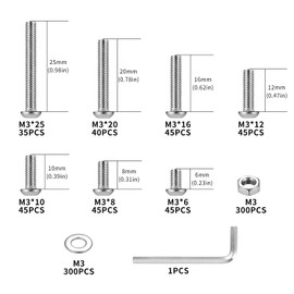 M3 Screws Set, 900 Pieces Rounded Head Screws with Nuts Set, Allen Screws Nuts Set, Threaded Screws and Nuts Set, Stainless Steel Machine Screws Assortment Washers Set (M3)