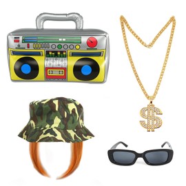 Kevin Ginger Wig Fancy Dress 80s 90s Hip Hop Costume Kit Ginger Wig, Bucket Hat, Boom Box, Gold Chain, Glasses, Rapper Fancy Dress Wig Hip Hop Fancy Dress Wigs 90s Rave Fancy Dress Wigs Fancy Dress