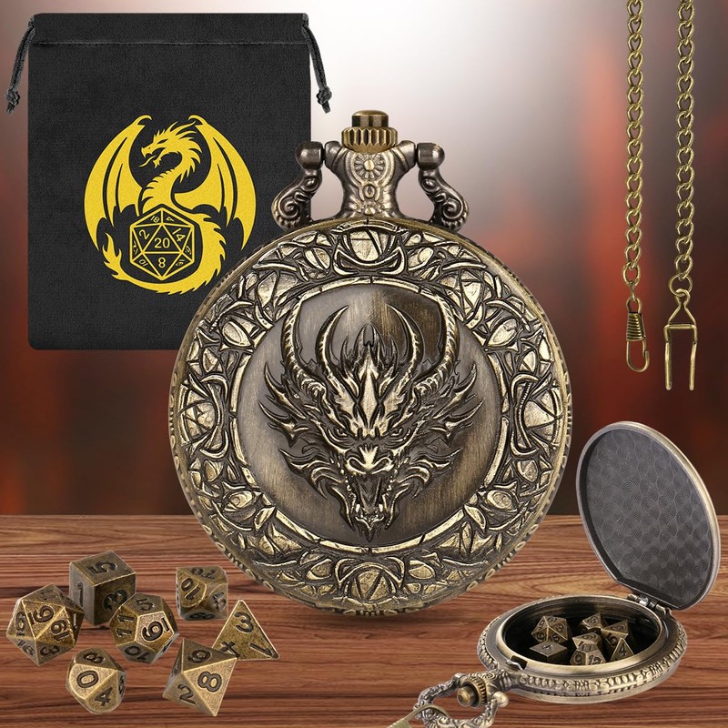Mini DND Dice Set, with Steampunk Dragon Head Pocket Watch