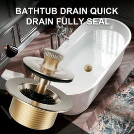 Champagne Brushed Gold Bronze Tub Drain Stopper Bathtub Drain, Hair Catcher and Two-Hole Overflow Faceplate, Premium Brass Lift and Turn Twist Tub Drains Replacement Trim Kit, 11.5/16 UNC Tub Stopper