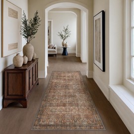 Bavni Runner Rug 2x8 Machine Washable Boho Vintage Distressed Print Ultra-Thin Chenille Hallway Bedroom Kitchen Entrance Accent Rug, Low Pile Lightweight Non Slip