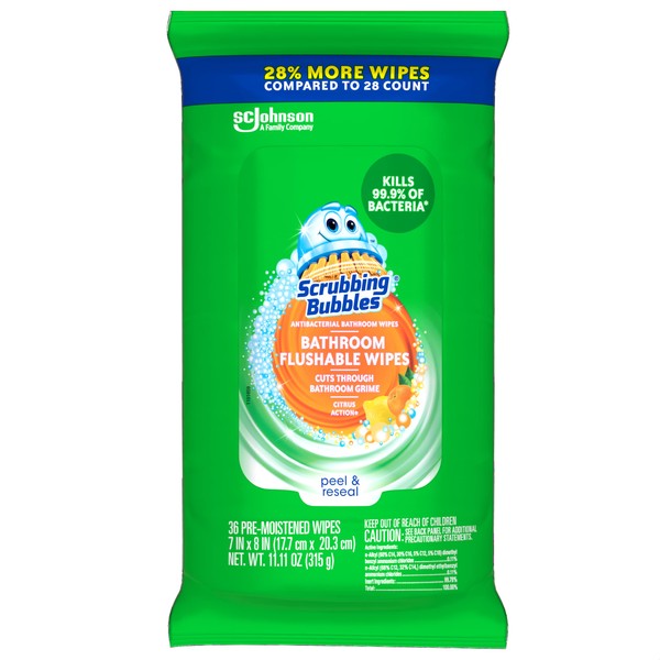 Scrubbing Bubbles Antibacterial Bathroom Flushable Wipes, Flushable and Resealable Cleaning Wipes, Citrus Action, 36 Wipes