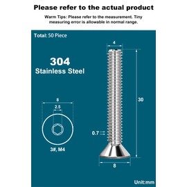 Drenky M4 Bolts, Socket Screws DIN 7991 / ISO 10642 Countersunk Bolts Rustproof Hex Screws 304 Stainless Steel Machine Screws Fully Thread, M4 X 30mm, 50 Pcs