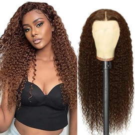 Weeybay Real Hair Wig for Women Wigs Curly Wave Human Hair Wig 4x4 Lace Closure Chocalate Brown 150% Density Unprocessed Remy Hair Glueless for Woman 34 Inches