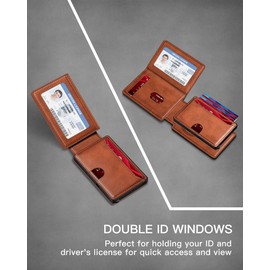 ZTELLHIM Wallet for Men | RFID Blocking Magsafe Pop Up Metal Card Holder | with 2 ID Windows and Cash Slot | Hold 12-15 Cards | Slim Compact Bifold Smart Wallet | Magnetic Closure (Brown Vintage)
