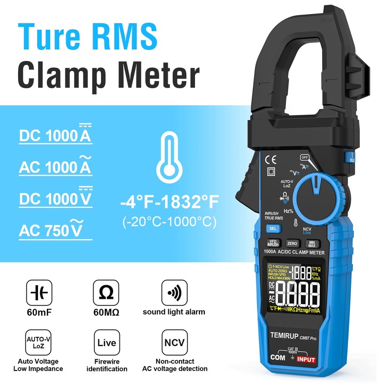 Inrush Digital Clamp Meter Multimeter - TEMIRUP T-RMS 6000 Counts