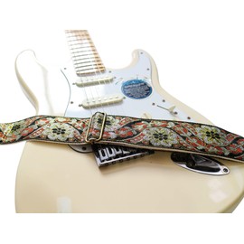 MUSIC FIRST Original Design, 2 inch width (5cm), Vintage Style Embroidery Black Gold Electric Guitar Strap Bass Strap (Black Gold)