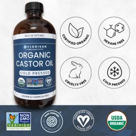 Florisan Organic Castor Oil 16oz Glass Bottle, Cold Pressed, Hexane-Free, Non-GMO, 100% Pure Castor Oil for Hair Growth, Skin, Lashes, Eyebrows, EWG Verified & USDA Organic Certified